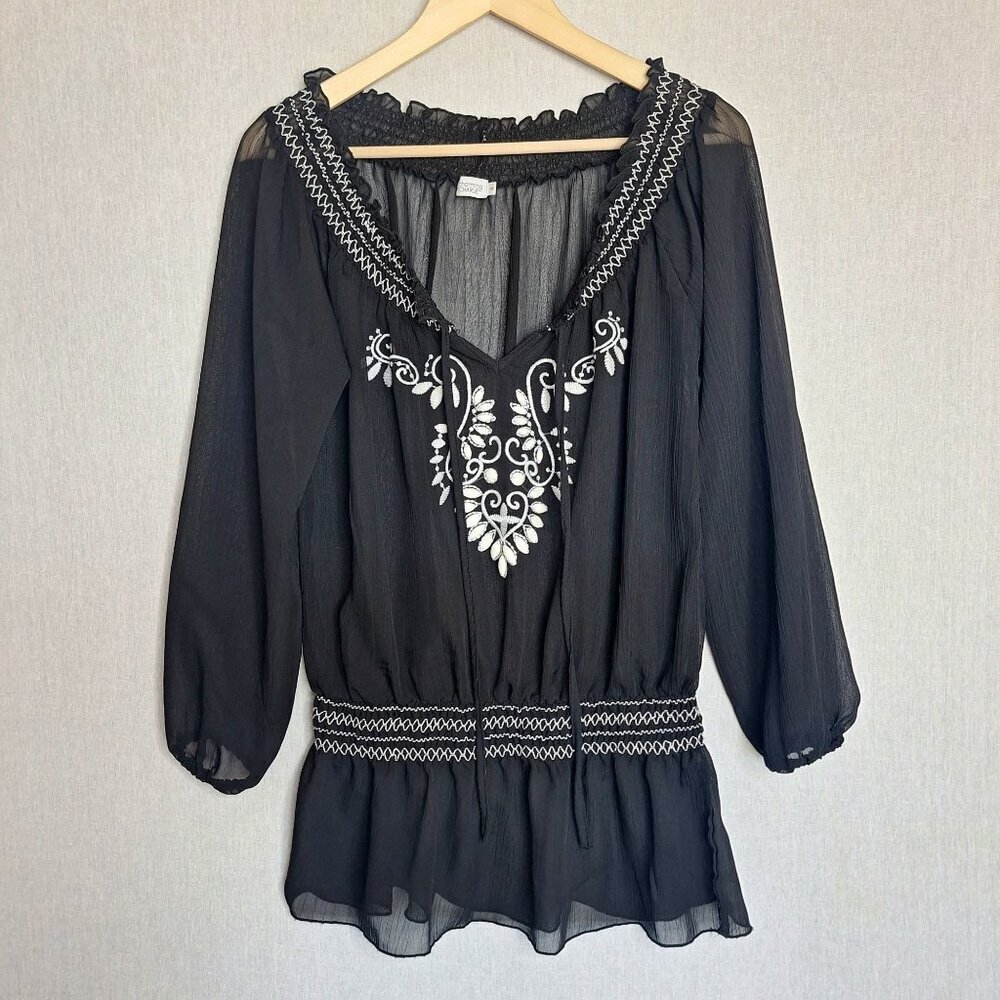 💙 Charming Charlie Sheer Blouse Smocked Waist Size M/L Boho Y2K Cottage Hippie